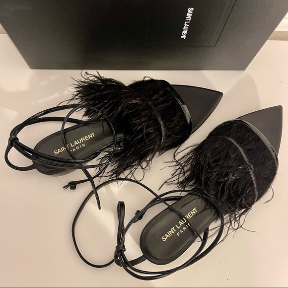 Saint Laurent Era Ostrich Feather Ankle Wrap Sandals - Picture 5 of 8